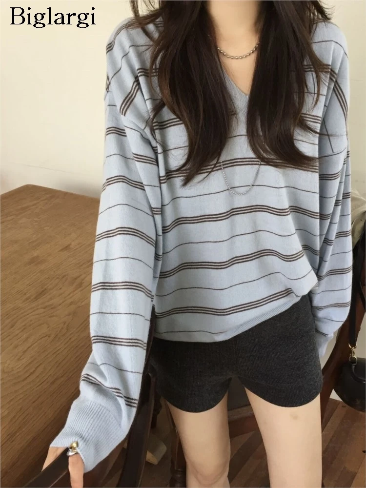 

Knitted Autumn Pullover Sweater Women Striped Print Fashion Korean Style Loose Ladies Sweaters Casual Woman Sweater