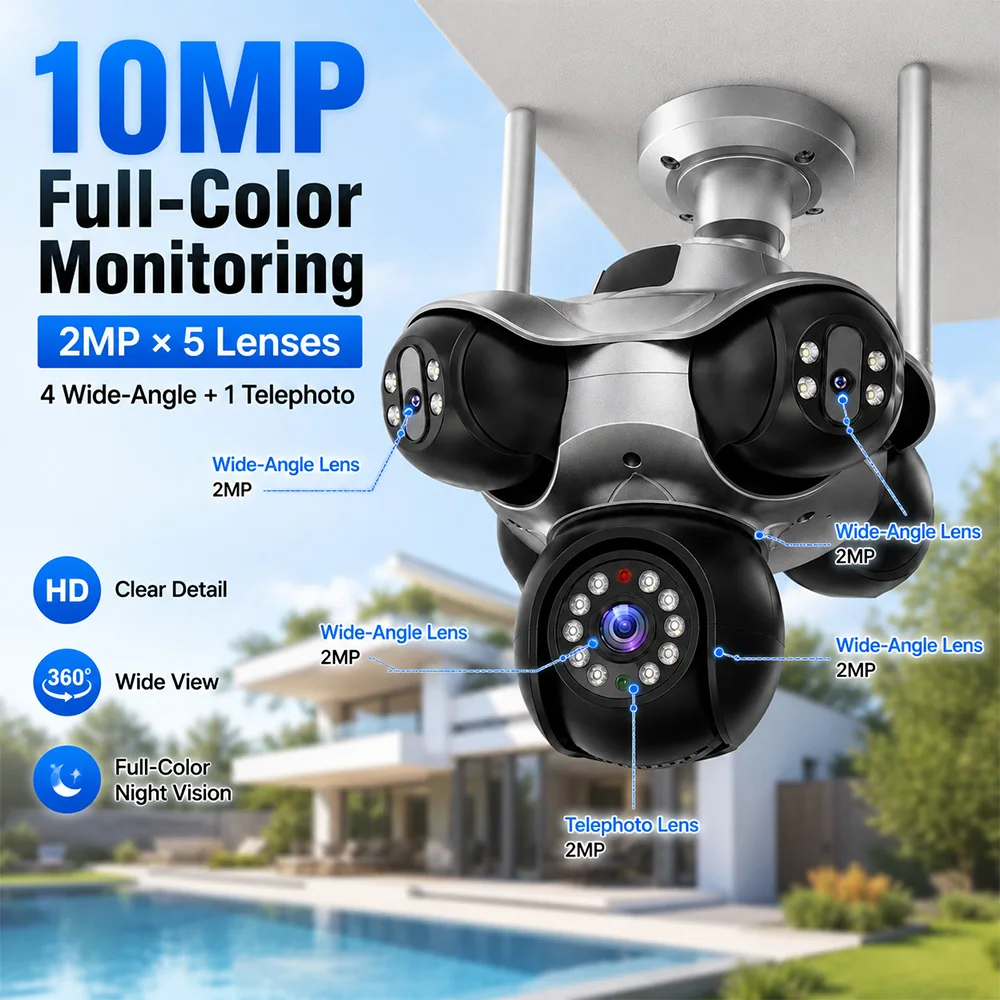 10MP Wi-Fi PTZ IP Outdoor Security Camera 5 Lens 5 Views Human Detection Waterproof IR Full Color Night Vision FFVIDEO Live View