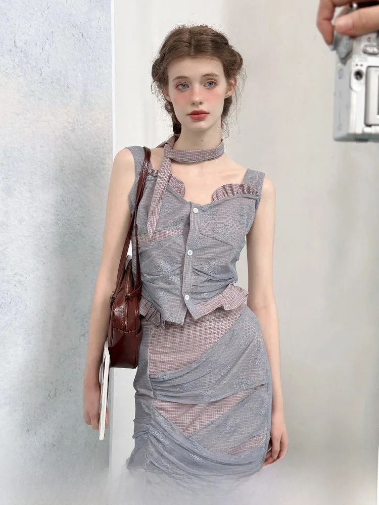 

Оригинальный комплект из двух предметов Sweet Design Sensation, хлопковый топ на пуговицах с v-образным вырезом и юбкой ter Ne для женщин