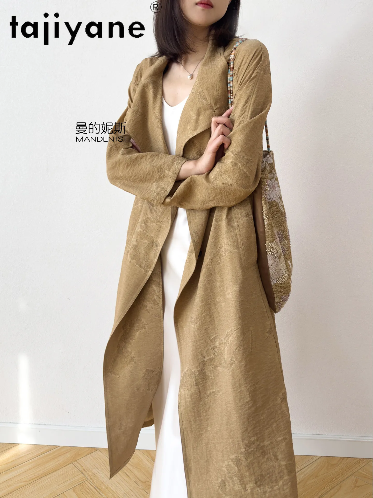TAJIYANE 76% Real Mulberry Silk Trench Coat for Women Long Jacket Belted Dry Silk Loose Spring Coats Woman Clothes 2026 пальто