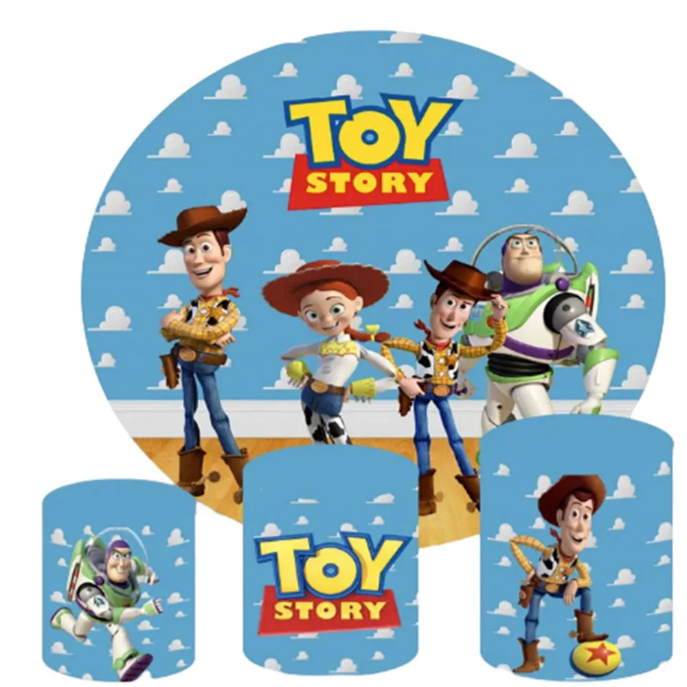 

Toy Story Round Backdrop And 3 Cylinder Covers Background For Photography Baby Shower Birthday Party Decoration Dessert Table