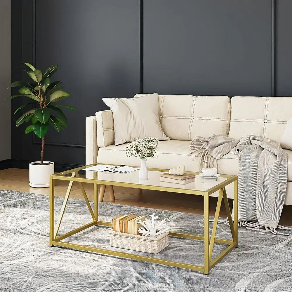 

Стеклянный журнальный столик, золотые журнальные столики или гостиная, золотой стеклянный журнальный столик, 1-слойный центральный стол, Ern, или Aparent, Oice, 39,4 x 19,