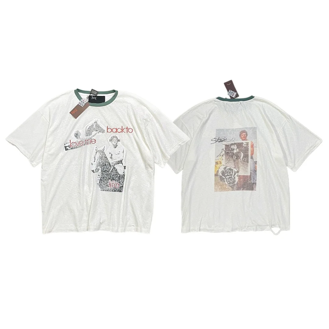 26SS Fashion Brand Vintage Western Horse Rider Print Paly Distressed T-shirt Unisex Loose Oversized Retro Streetwear Tee