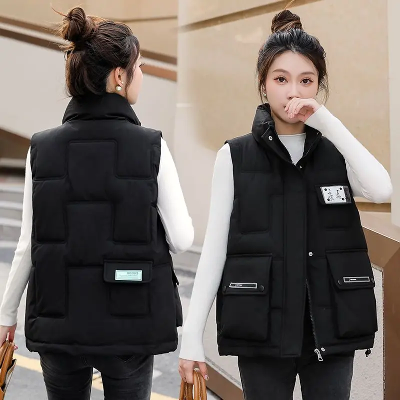 

Loose-fitting Solid Coat Vest Women 2024 New Sleeveless Female Patch Designs Waistcoat Puffer Cotton Padded Short Jacket T615