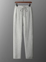 Autumn and Winter Thick Men's High Waist Small Foot Pants 100% Merino Wool Knitted Pants Casual Fashion Solid Color Warm Pants