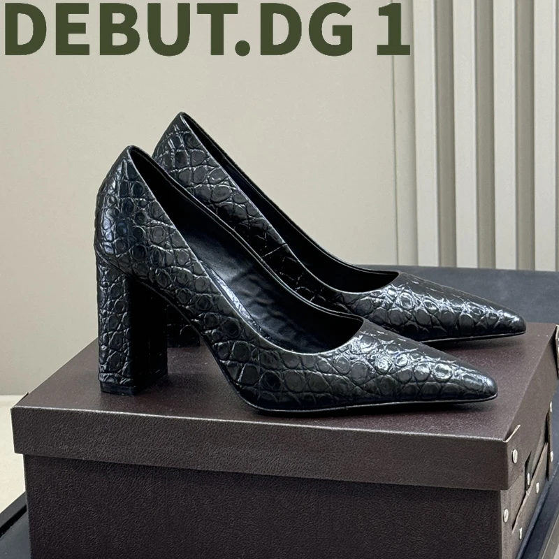 Early Fall 2025 Chunky Heel Pointed Toe Pumps Stone Embossed Calfskin Leather Sheepskin Lining Genuine Leather Sole