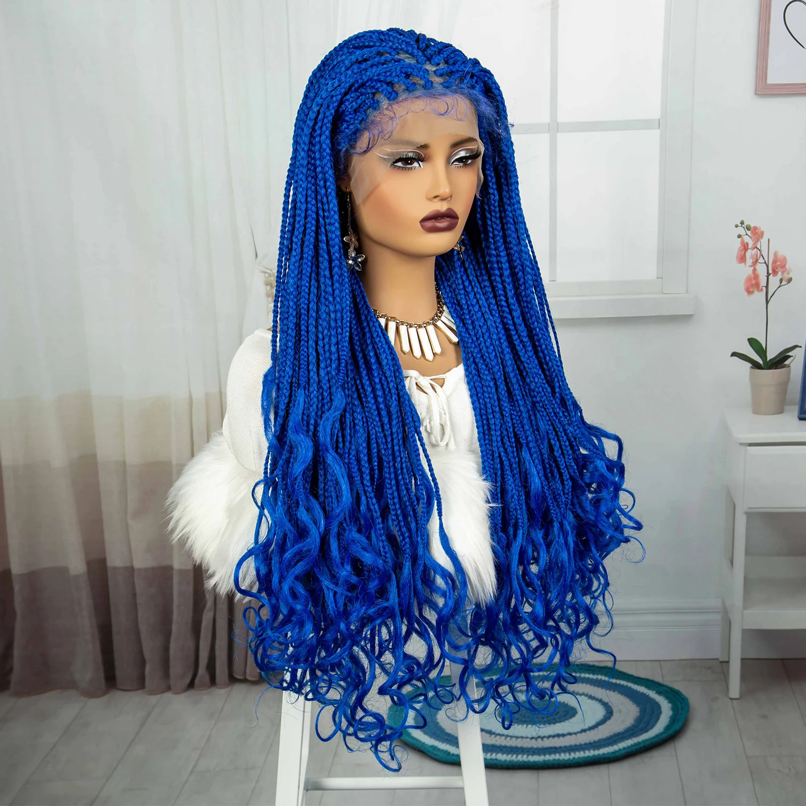 Wig kepang sintetis biru renda wig kepang kotak rambut bayi untuk wig kepang hitam wanita merah muda ujung wig keriting Brasil Frontal