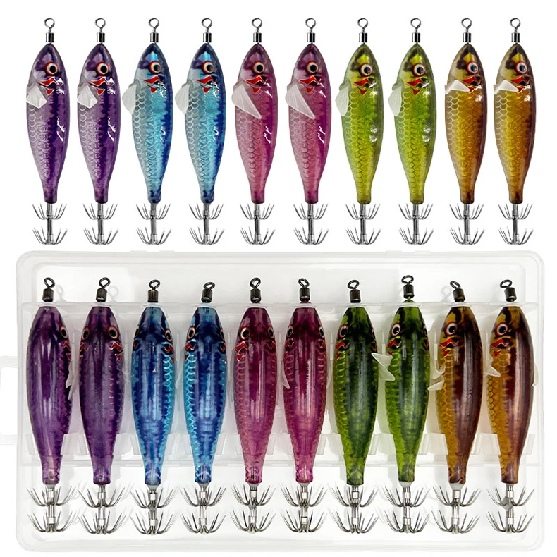 ShareShark 10 Stück/Box 5,6g Leuchtende Horizontale Garnelen-Tintenfischhaken-Köder-Set Geeignet für Meeresangeln auf Tintenfische und Oktopus – Detail 1