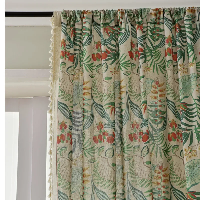 pp1013Green plant imitation cotton and linen semi-shading curtain American country retro tassel curtain fabric finished product