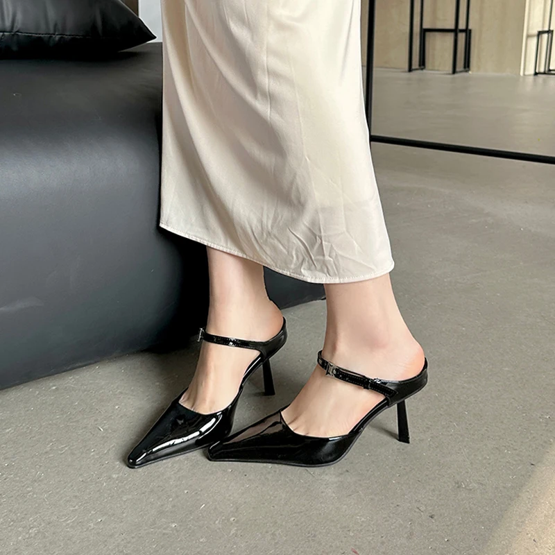 

Sexy Buckle Strap Woman Pumps Pointed Toe Elegant Wedding Banquet High Heels Slip On Sandals Mules Female Shoes Zapatos Mujer