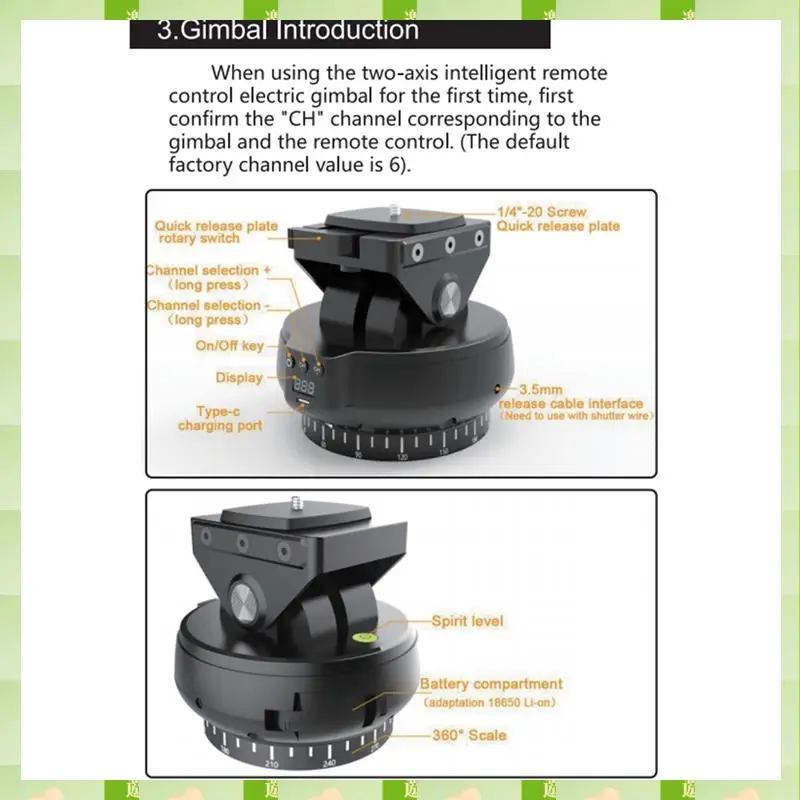 

2025 YT-1200 Rotation Panoramic Remote Control Pan Tilt Motorized Tripod Electric Head Pan Tilt Black Plastic For Phones Cameras