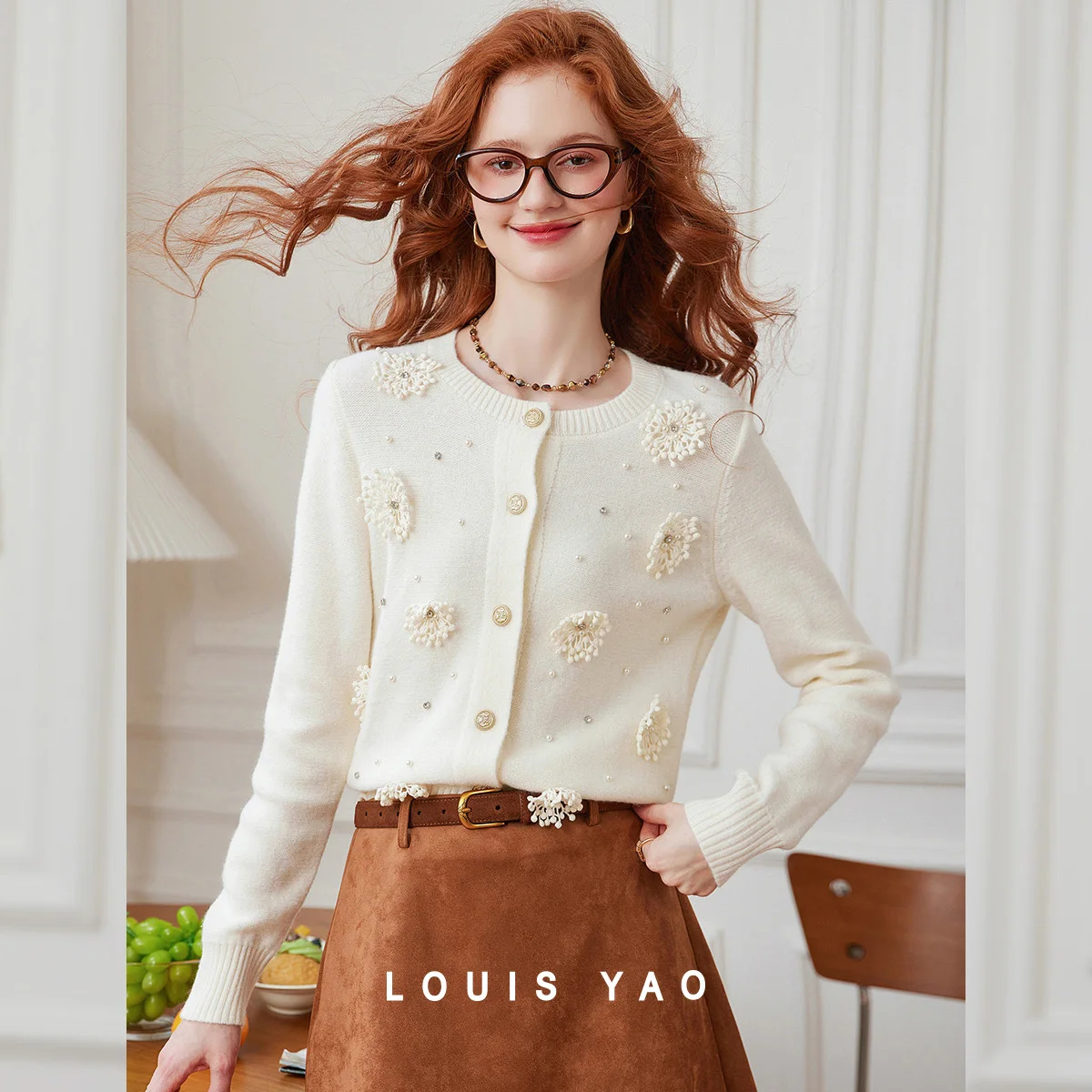 

LOUIS YAO New Fashion Gentle Knitwear 2025 Autumn Winter Sweet Knitted Coat Original Design Floral Beaded Knitted Cardigan