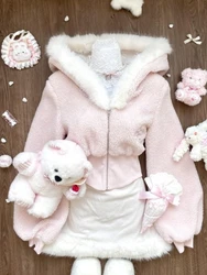 Autumn Winter Pink Long Sleeve 2-piece Set Women Cute Sweet Zipper Hooded Short Coat Female + Solid Bow Warm Sling Dress 2024