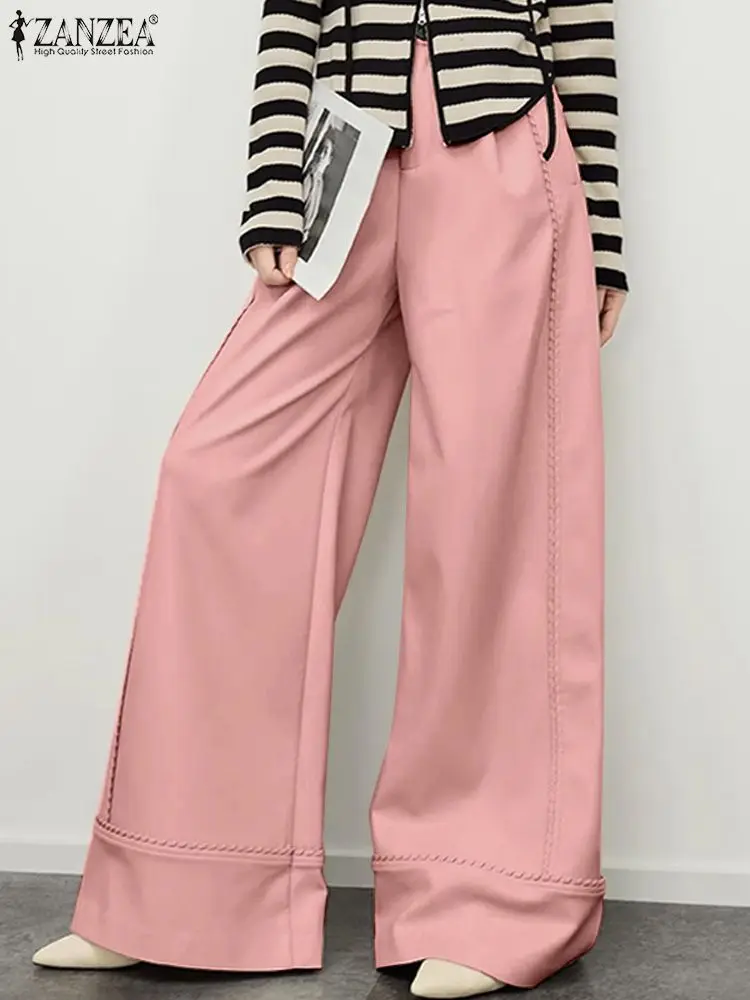 ZANZEA Elegant PU Leather Pants Women Wide Leg Trousers 2023 Casual High Waist Pantalons Autumn Holiday Female Solid Long Bottom