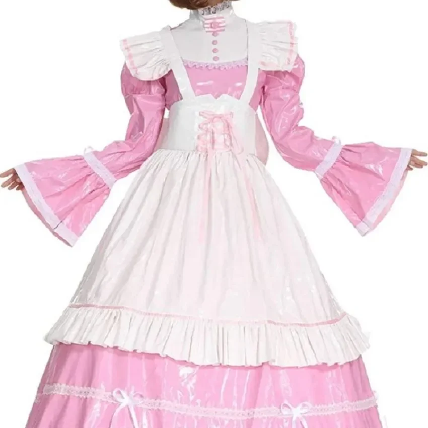 

Hot Sale Cute Dress New PVC Lockable Sissy Girl Maid Pink Long Apron Big Bow Tie Bandage Cosplay Customized Halloween Costume