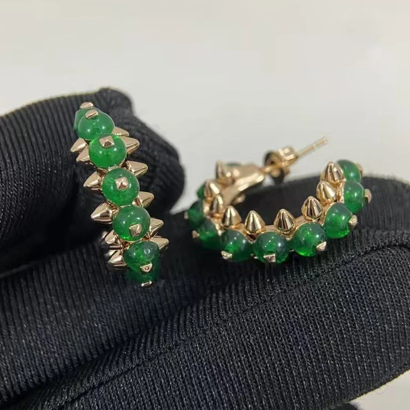 KQDANCE Top Quality 925 Sterling Silver Green Agate Gemstone Rivet Hoop Earrings With Champagne Gold For Women Fine Jewelry