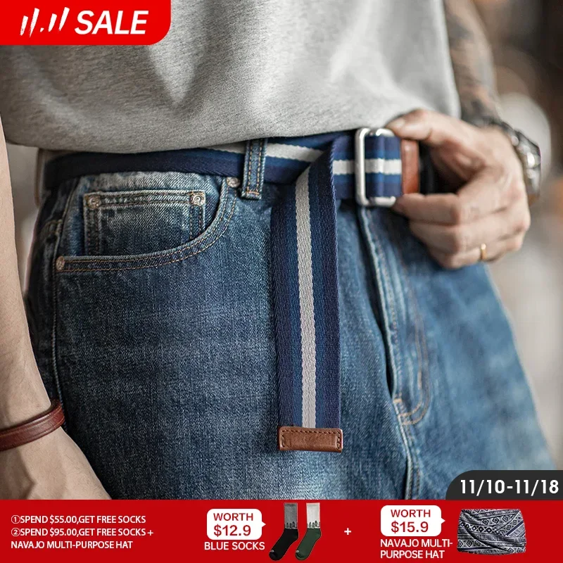 

Maden Retro Double-ring Buckle Striped Belt without Punching Woven Canvas Accessories Trouser Belt for Men