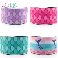 DHK 3'' 5yards fish scale mermaid printed grosgrain Ribbon Accessory hairbow headwear decoration Wholesale OEM 75mm E1566