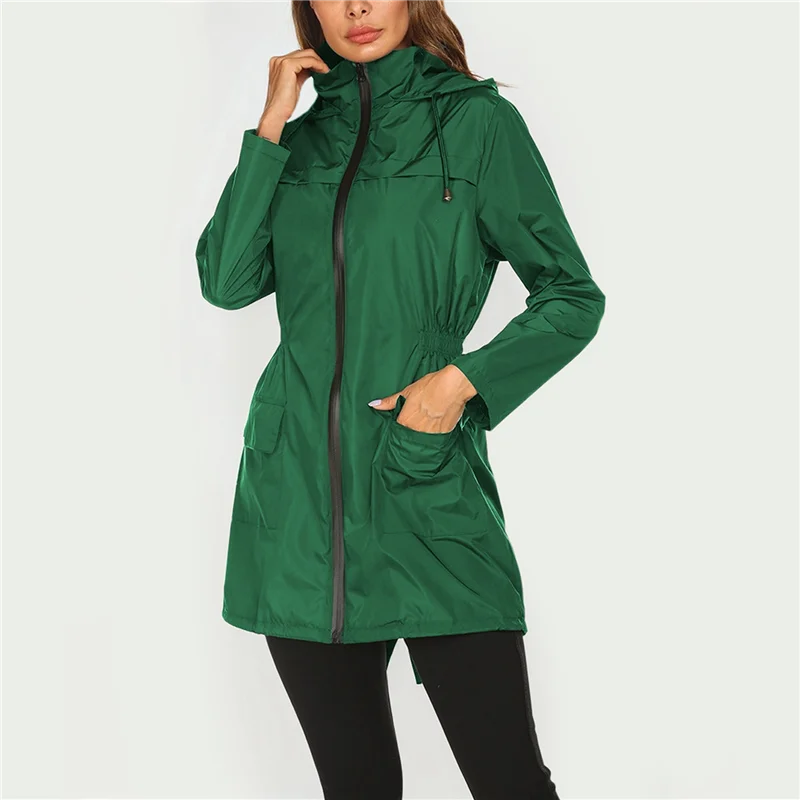 ABFU-سترة مطر نسائية مقاومة للماء بسحاب متوسط الطول معطف واق من المطر بغطاء للرأس في الهواء الطلق #2