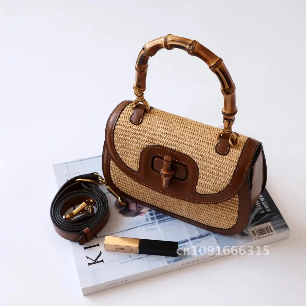 Genuine Leather Handbags for Women, Ladies Designer Bag, Luxury Bamboo Handle Bags, Brandy Natural Bamboo Hand Bag, High Quality