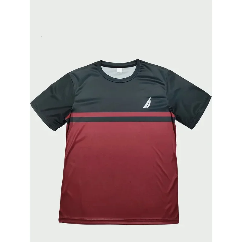 Black Red Gradient Color Block Sports T-shirt Unisex Abstract Sail Emblem Print Tee Quick Dry Workout Short Sleeve Athletic Tops