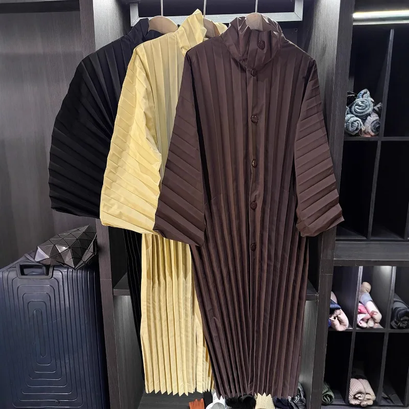 

Miyake pleated trench coat 2025 fall new casual long-sleeved single-breasted dress jacket loose large size casual dresses