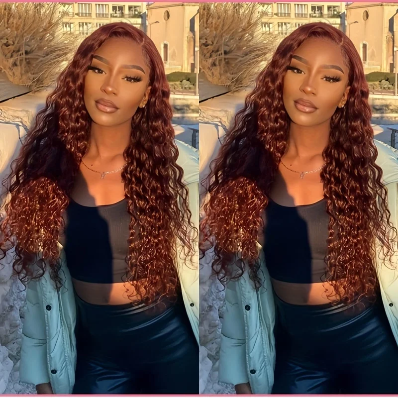 Reddish Brown Lace Front Wig 200Density Deep Wave13x4 Lace Human Hair Wig Pre Plucked Water Wave 13x4 Lace Wig  for Women