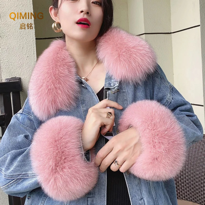 

Winter 100% Real Fur Collar Fur Cuffs Set Fox Fur Scarf Women Coat Decoration Natural Fox Scarves Luxury Thick Shawls And Wraps