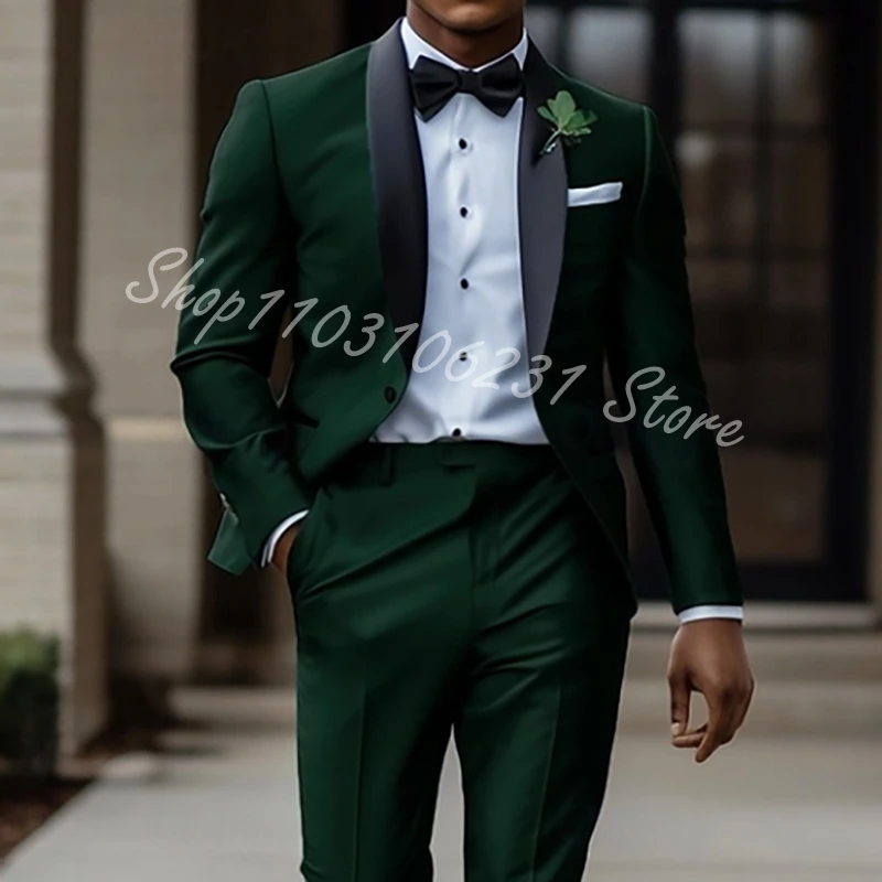 2PCS Dark Green Men Suits Slim Fit Single Breasted Shawl Lapel Blazer Pants Formal Wedding Tuxedo Set Trajes De Hombre