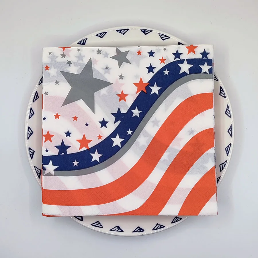 20Pcs 2Ply 33cm Patriotic Napkins Stars Stripes Flag Disposable Paper Napkins for 4th of July Party Decor