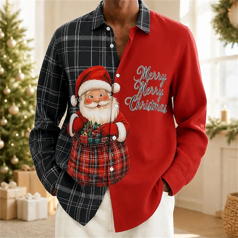 Men’s Long-Sleeve Christmas Shirt Black Red Plaid Patchwork with Santa Claus Print Button-Down Collar Festive Party-Themed Top