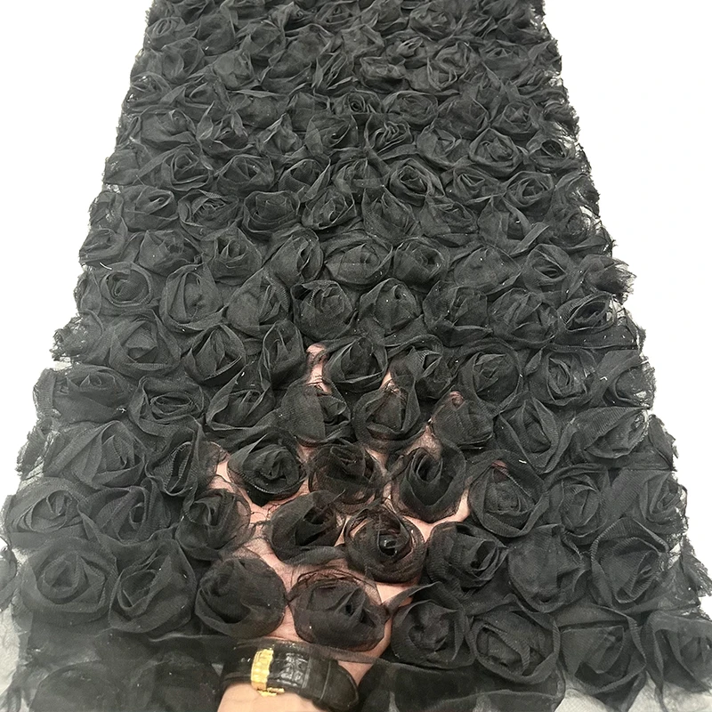 Tessuto francese di garza netta di alta qualità, tessuto ricamato con piatto di fiori di rosa 3D africano fresco e delicato, abito in tessuto da cucito