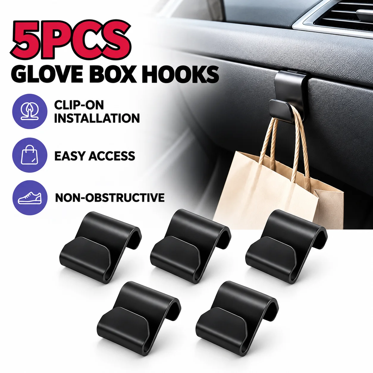 5 PCS SEAMETAL Car Wall-Mounted Storage Hooks, Universal Front Passenger Seat Hangers for Glove Box Interior Accessories