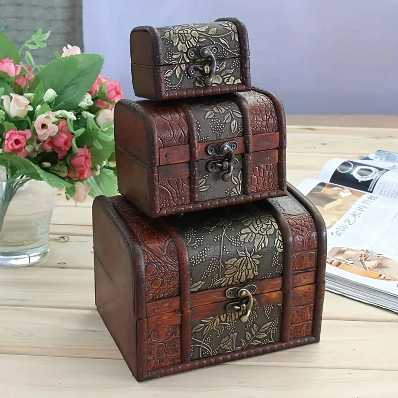 3pcs Vintage Wooden Treasure Chest - Wood Jewelry Box with Multi-Drawer Storage Suitable for Dresser or Freestanding Use