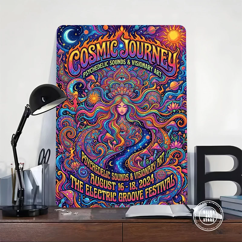 Cosmic Journey Psychedelic Festival Metal Poster Customized Wall Art Retro Vintage Metal Signs for Man Cave Setup Decorations