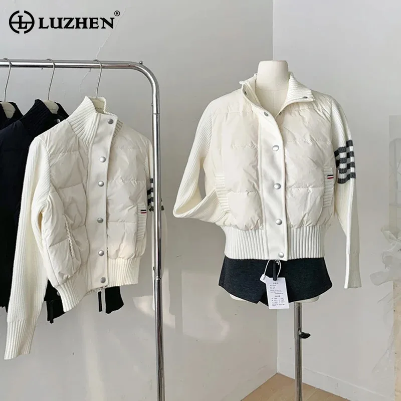 LUZHEN 2024 Winter New Stripe Printed Splicing Knitted Sleeve Padded Coat Women Fashion Original Design Stand Neck Parka AA2130