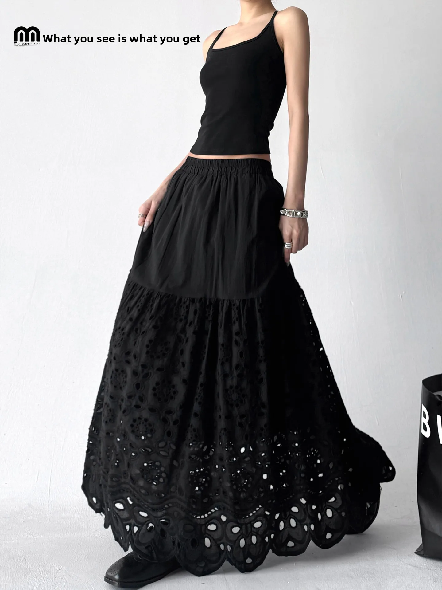

Романтичная черная кружевная юбка А-силуэта для женщин, новая модель весна-осень, с эластичной талией, многоярусная, длинная, из смесовой ткани хлопок-полиэстер