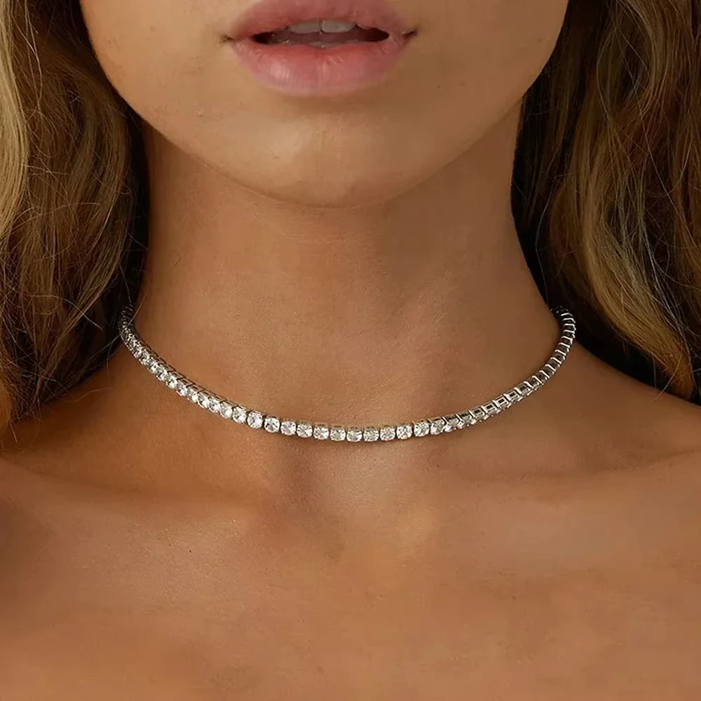 

2mm Full Moissanite Tennis Charker Necklace for Women 925 Silver Plated 18k Gold Adjustable Necklaces Chain Wedding Jewelry