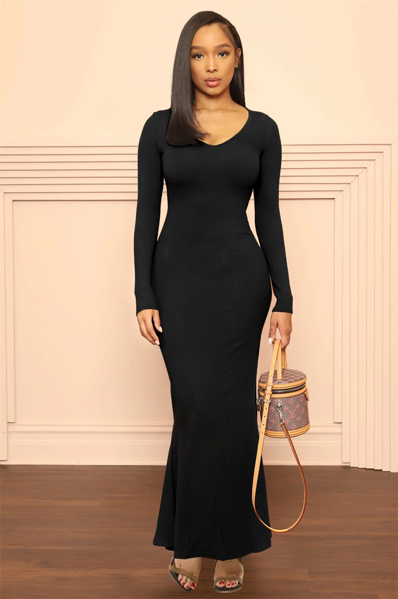 Fashion Deep V Neck Fishtail Dress Female Elegant Solid Colour Pullover Waist Cinched Slim Fit Hip Dresses2022 Autumn New Robe