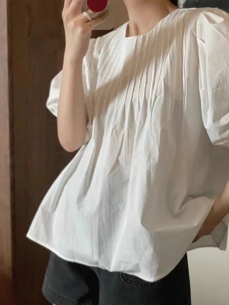 الأبيض جولة Ne مطوي فقاعة ort Sve irt المرأة الصيف رقيقة دمية irt فضفاض التخسيس رداء علوي غير رسمي تخفيف Sle