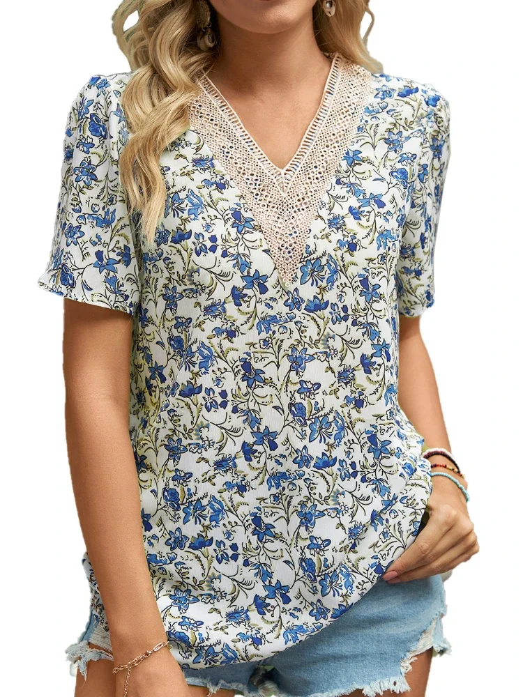 Women Short Sleeve Lace V-neck Chiffon Printed Tops