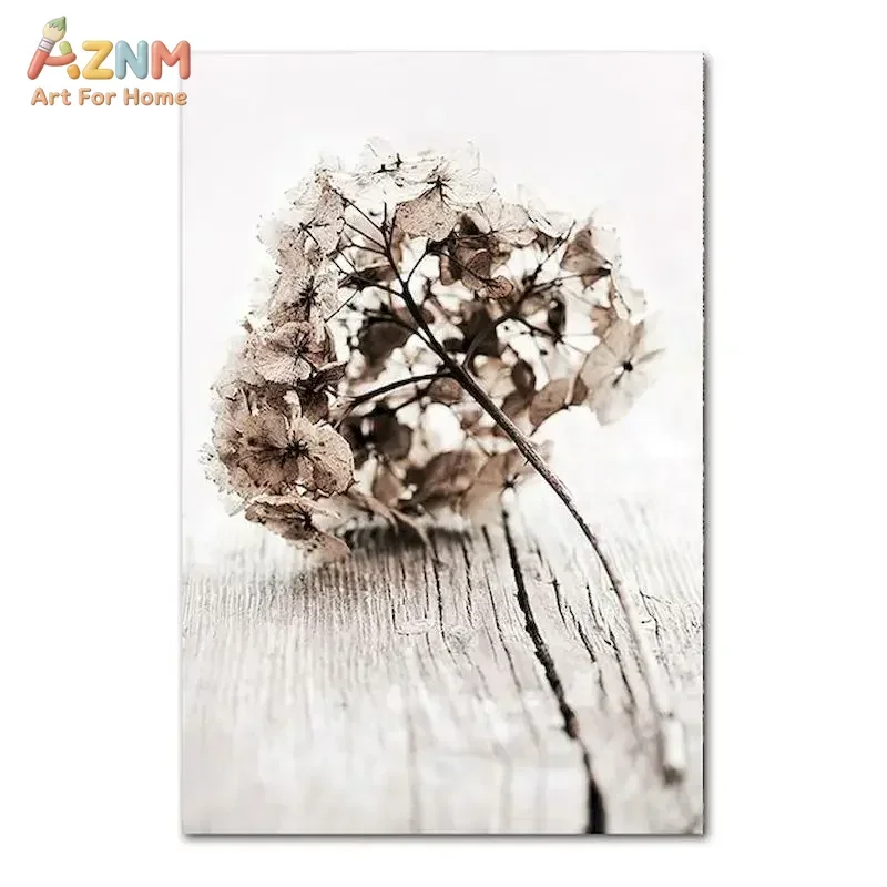 AZNM Neutral Dried Hydrangea Canvas Wall Art Vintage Wood Board Floral Minimalist Print Unframed Canvas Painting For Bedroom Far