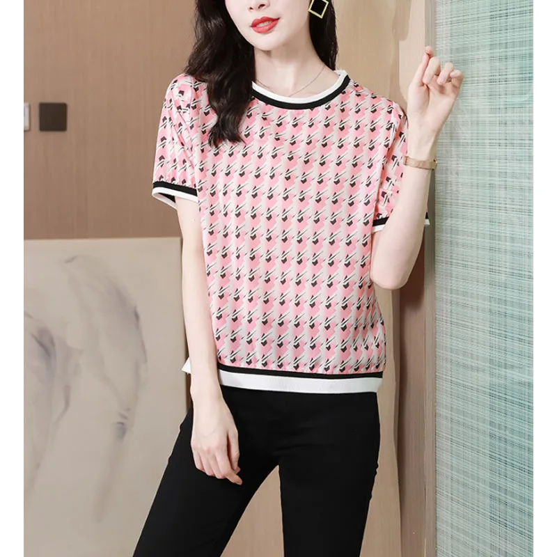 

Women's 2024 new Summer contrasting round neck pullovers Versatile Fashion Simplicity Casual Loose short Sleeve T-shirt Tops