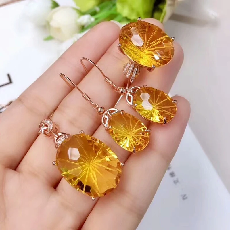 MeiBaPJ Natural High Quality Citrine Gemstone Fine Wedding Jewelry Set 925 Pure Silver Necklace Ring Earrings Suit for Women