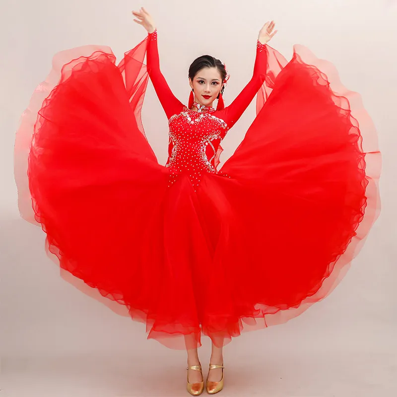 Chic Full Circle Skirt Ballroom Dress with Sparkling Rhinestone Details Cut Durable Fabric Perfect for Waltz Professional Events