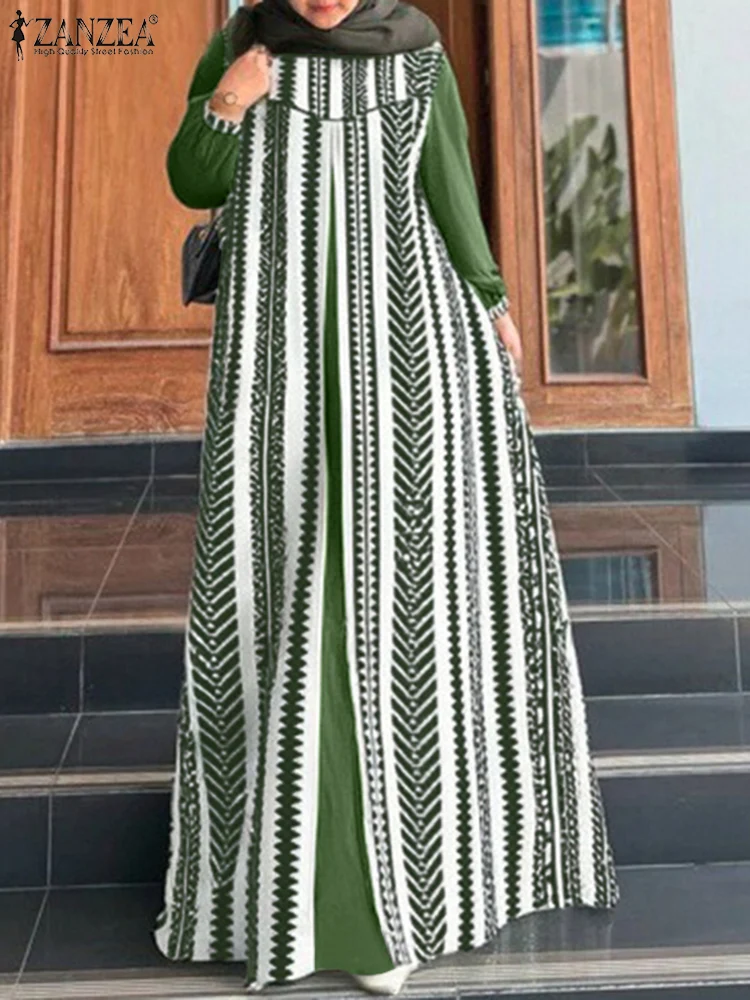 ZANZEA muslimové etnický tisk patchwork maxi šaty ženy islámské hidžáb O krk lanterna rukáv abaya róba vintage volné dlouhé vestidos