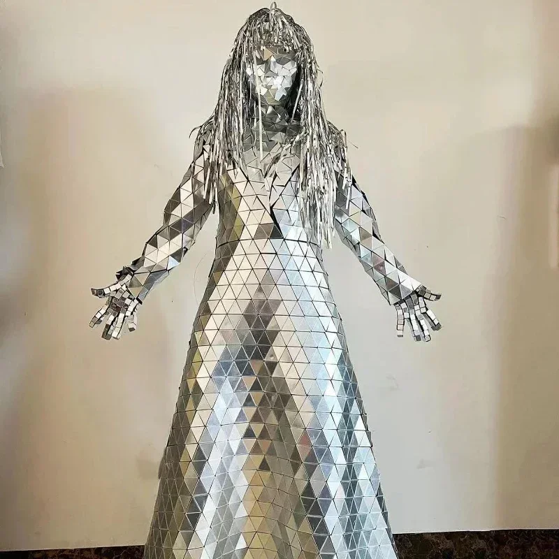 Espelho de prata feminino traje colarinho vestido mostrar festa dj palco desempenho terno gogo dança bar arte desfile vestidos palafitas roupas