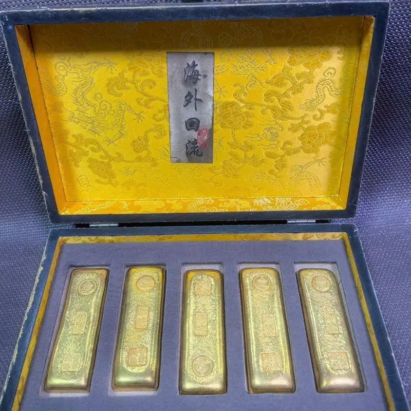 Antiqued lacquerware box, hand-painted wooden Qing Dynasty Kangxi era 0.5kg gold bar metal craft ornament