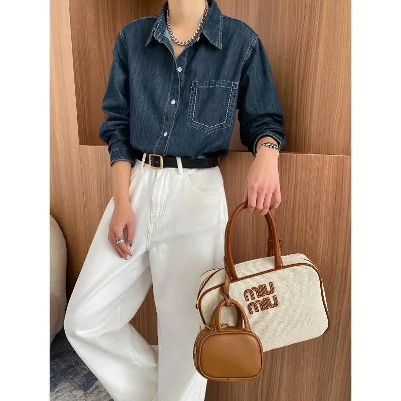 

Retro Washed Cotton Denim Shirt 2025 Street Style Intellectual Single Pocket Turn Collar Women's Button up Shirt