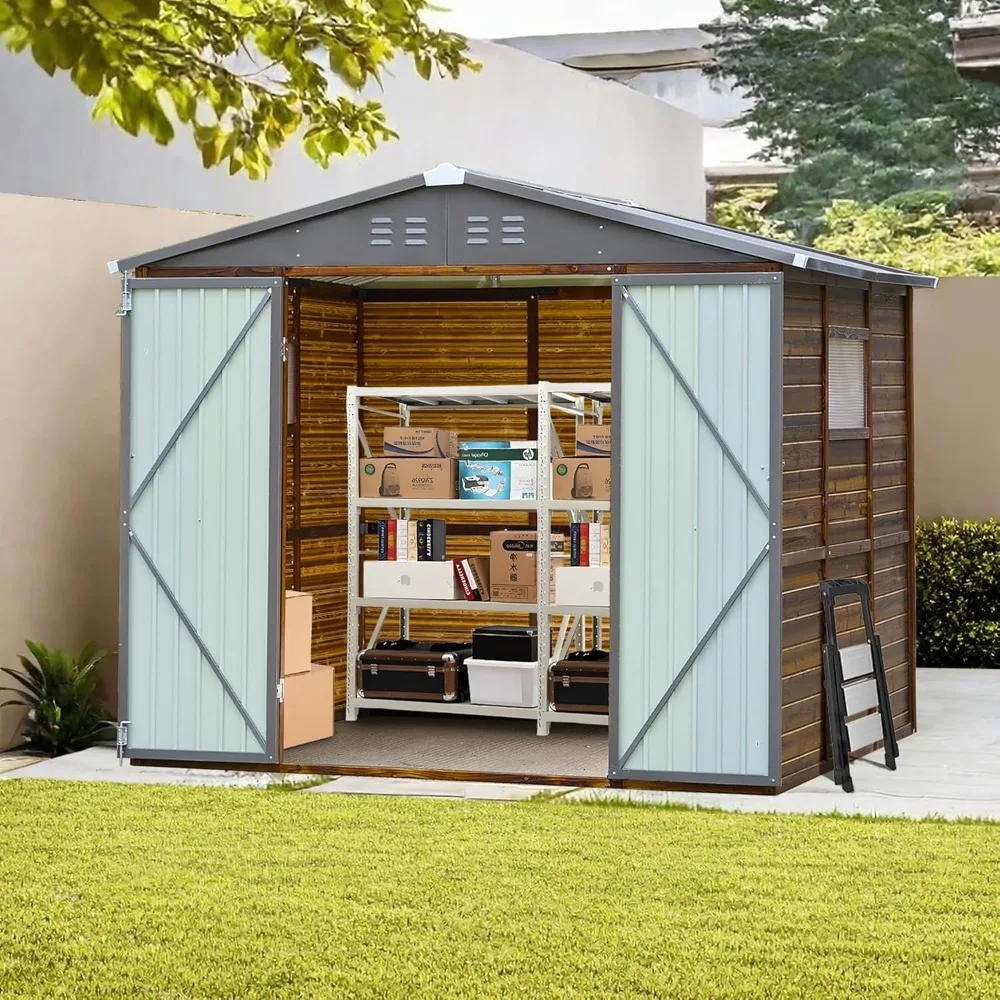 

6x8ft Outdoor Storage Shed with 9-Level Wind Resistance, Galvanized Steel Frame & Cedar Wood Walls, Waterproof, Customized
